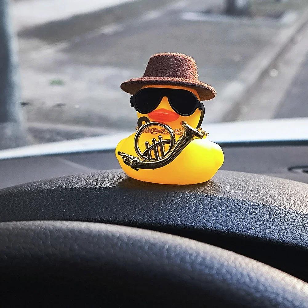 Rubber Duck with Swim Ring Hat Scarf Glasses for Car Dashboard Squeaky Duck Bath Toy Yellow Duck Car Accessories Decorations