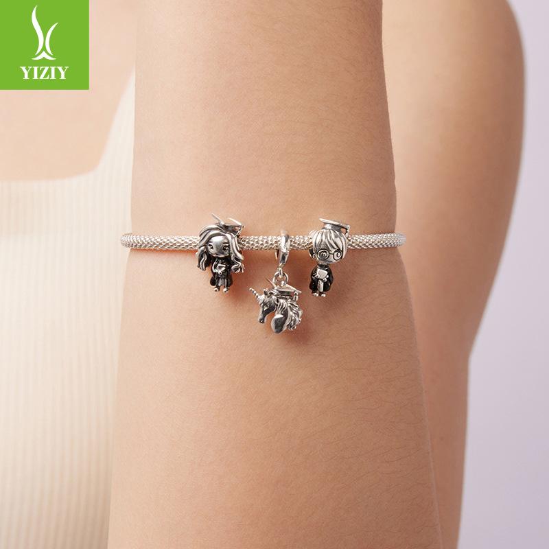 Graduation Season Unicorn Diy Pendant Accessories Creative Scholar Hat S925 Sterling Silver Beads