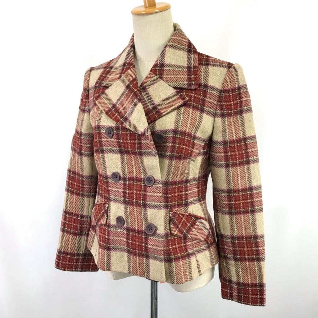 Made in Poland Laura Ashley Short Pea Coat 9 Women M Red×Beige Check Outer Jacket(USED)