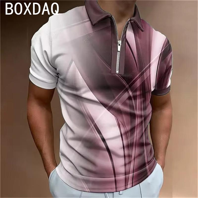 Herren Sommer Golf Poloshirt, 3D gestreiftes, herabgesetztes, bedrucktes Freizeitshirt, übergroßes Oberteil, Herren Sommer T-Shirt mit Kragen und kurzen Ärmeln