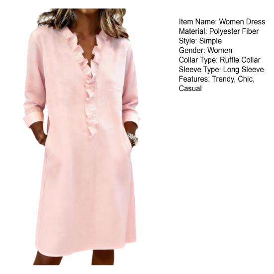 Sommerkleid für Damen Lässig Rüschenbesatz V-Ausschnitt A-Linie Midi-Kleid Langarm Urlaubs-Reise-Outfit mit Taschen