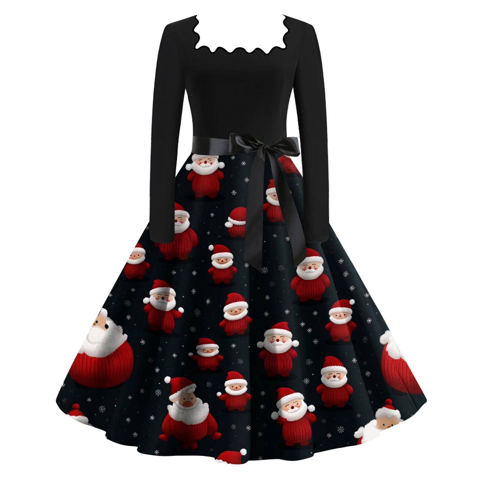 

Женские повседневные модные платья с длинными рукавами и рождественским принтом с квадратным вырезом в винтажном стиле S