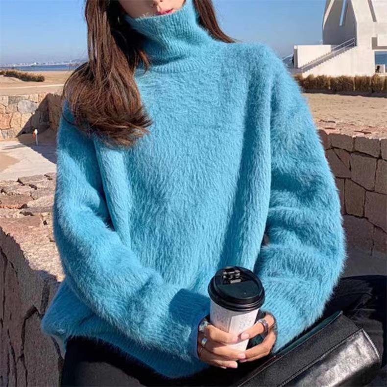 Women's Soft & Fluffy Faux Mink Fur High Neck Pullover Sweater - Autumn/Winter Trend