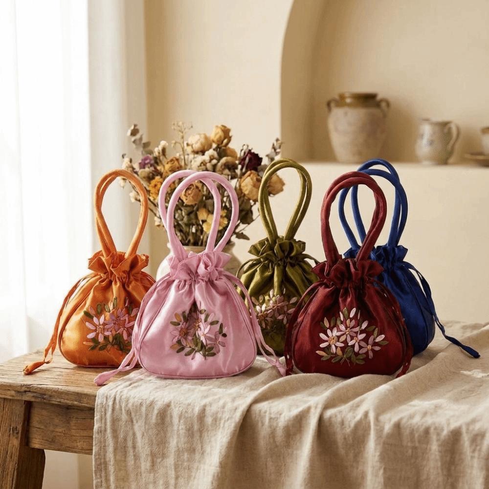 Satin Silk Hanfu Drawstrings Bag Leaf Small Purse Wallet Fashion Embroidery Flower Handbag Daily