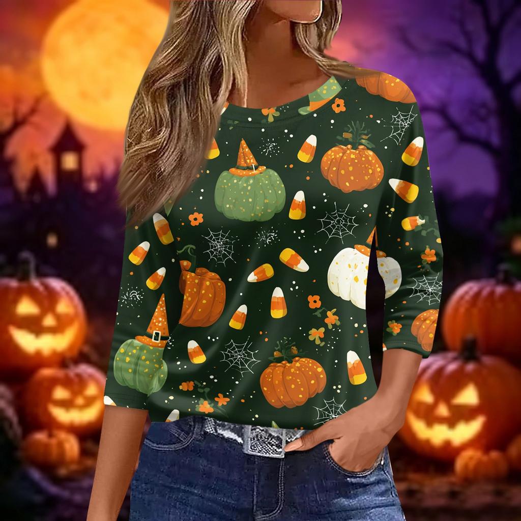 Women's Fashion Casual Short Sleeve Neck Top with Halloween and Pumpkin Print