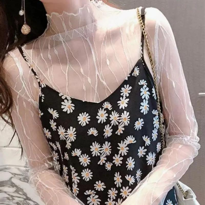 Sexy Black Line T-shirt For Women Mesh See Through Long Sleeve Tees Turtleneck Streetwear Women's Long Sleeve Top T-shirt Hot