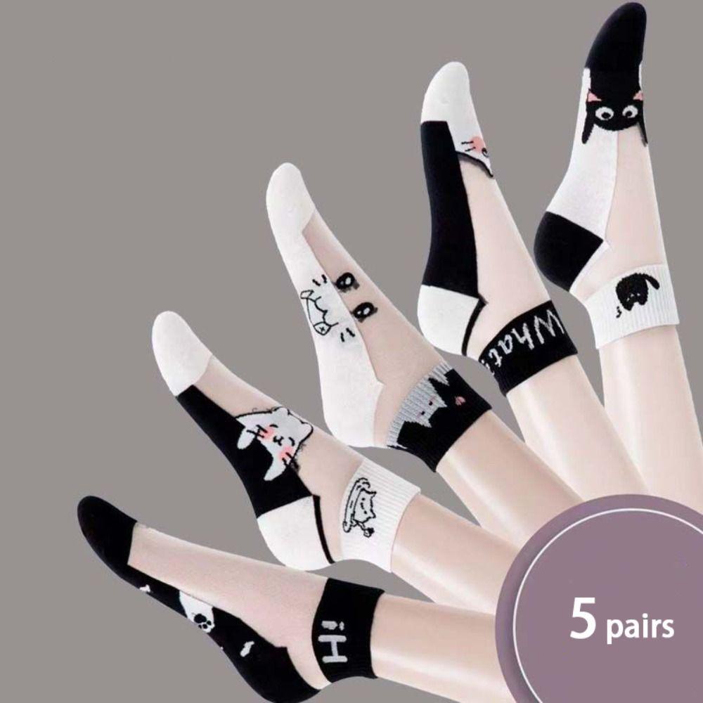 5Pairs Wear-resistant Short Socks Breathable Sport Socks Casual Black and White Cat Socks