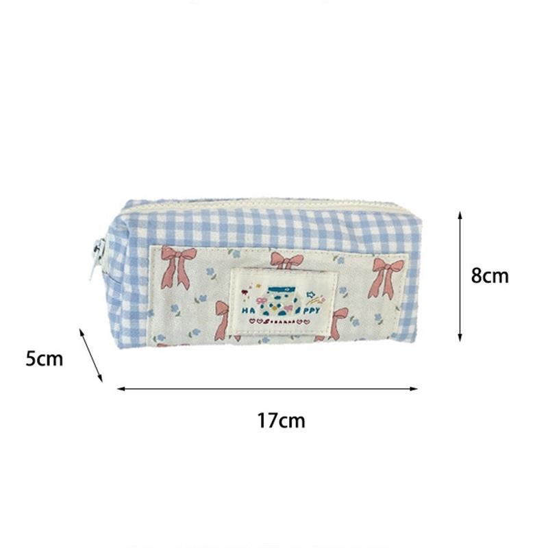 Sweet Cute Splicing Plaid Bow Pencil Case Portable Large Capacity Student Stationery Storage Bag Pen Bag Girly Cosmetic Bag Gift