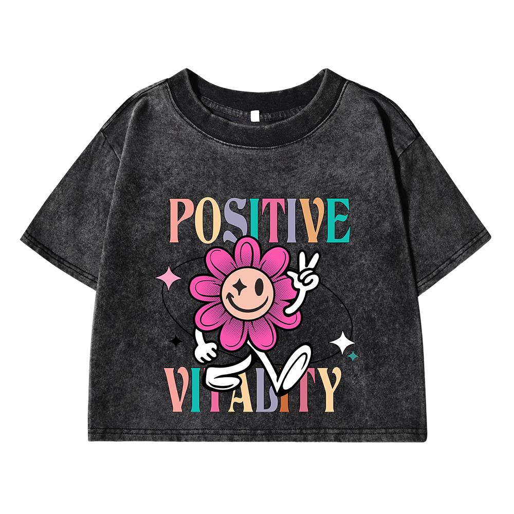 Womans Cotton Washed T-Shirts Trend Distressed O-Neck Crop Tees Positive Vitalty Smiling Flower Printing Tops Clothes