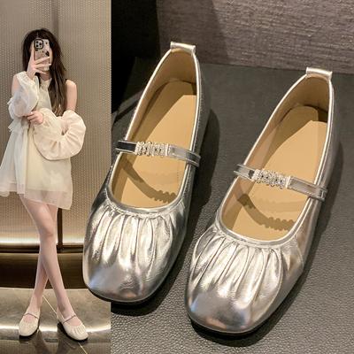 French Retro Pleated Ballet Shoes Flat Mary Jane Shoes Women'S Spring Soft-Soled Silver Single Shoes