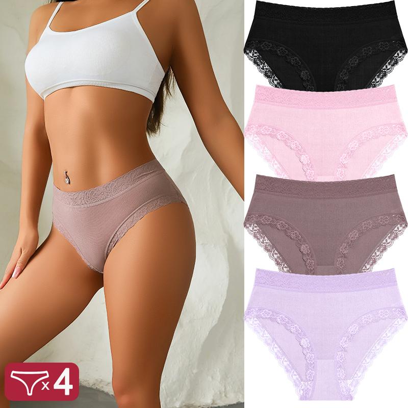 FINETOO 4Pcs Lace Plus Size Underwears Women's Sexy Panties High Quality Striped Briefs Girls Solid Sports Comfortable Lingerie