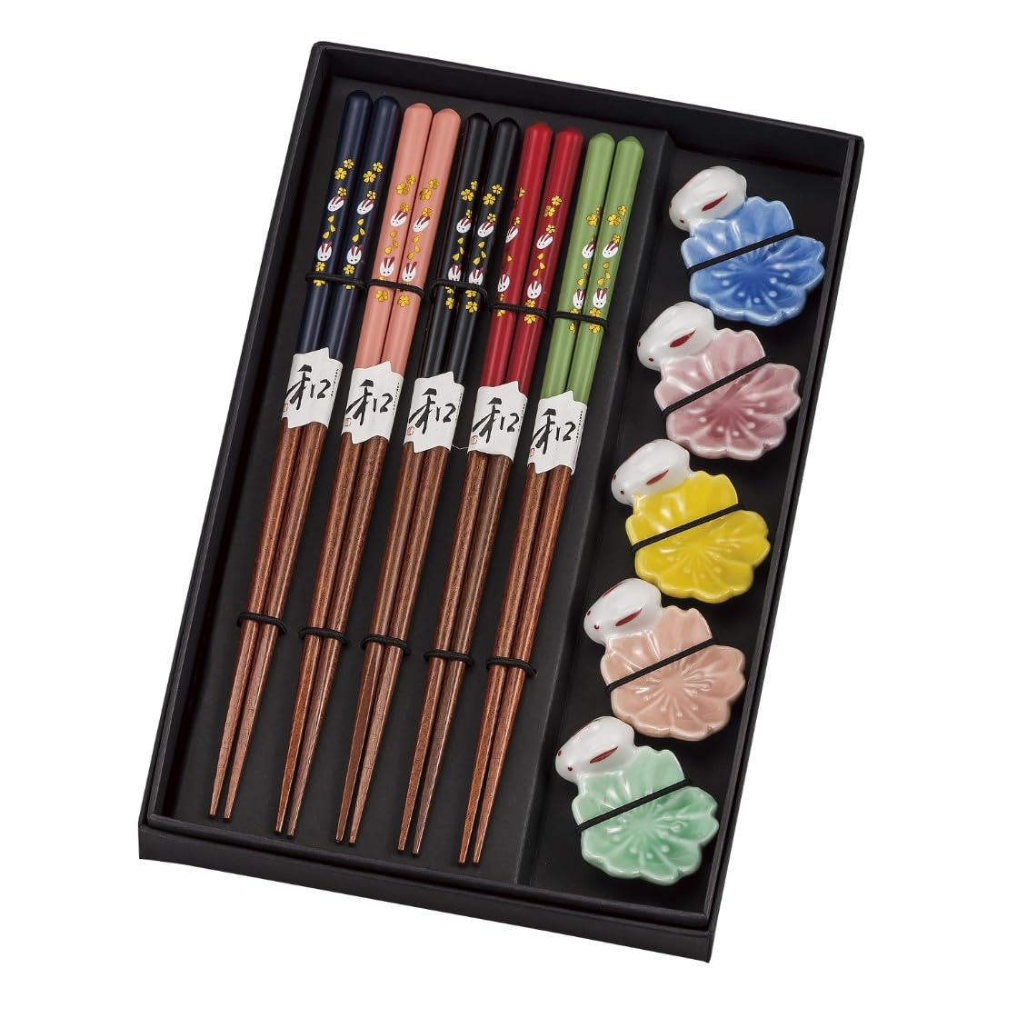 Maeju Lacquerware Wooden Chopsticks and Chopstick Rest Cherry Blossom and Rabbit of 5 Japanese Chopsticks and 5 Chopstick - Set, Design, 6J-736 [Set