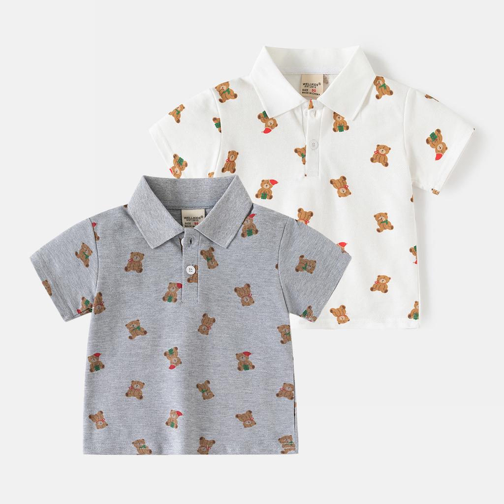 Boys Short Sleeve Polo Shirt with Bear Print Summer New 2026 Toddler Kids Casual Tops Button Down Collar