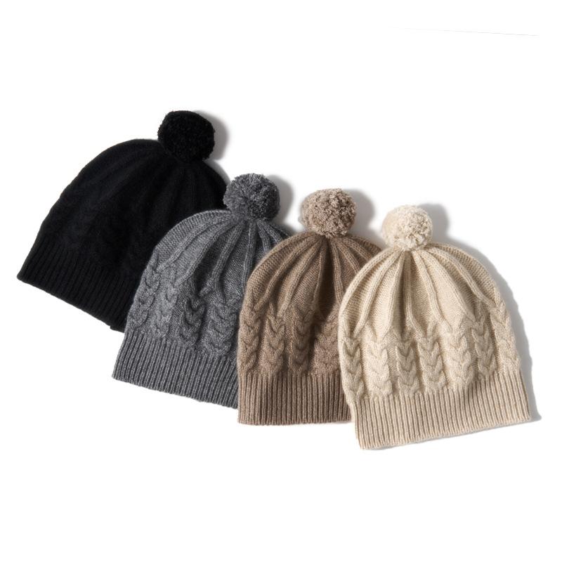 Cashmere Autumn and Winter New Women's Solid Color Twist Outdoor Warm Fur Ball Ear Protection Knitted Casual Hat