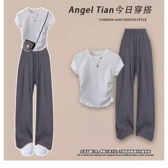

Royal sister light and familiar style wear suit women s summer new front shoulder short-sleeved T-shirt + loose wide-leg pants lazy two-piece set S