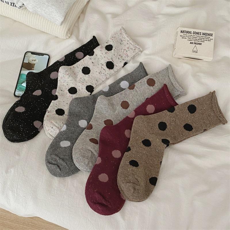 Chaussettes épaisses à pois en laine d'automne et d'hiver, chaussettes chaudes rétro à gros pois, chaussettes mi-mollet pour femmes