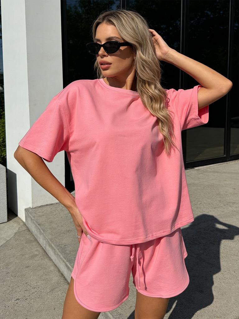 Women's 2026 Spring Summer Cotton T-Shirt and Shorts Set Crew Neck Loose Pullover Casual Two Piece Outfit