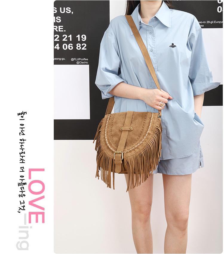 Versatile Ethnic Khaki Xishi Velvet Tassel Crossbody Bag - Women's Retro Style, Large Capacity