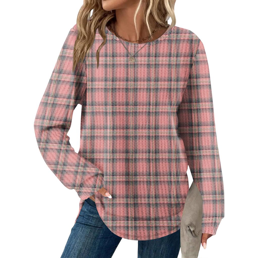 Damrutig tryck rund hals långärmad ledig lös topp