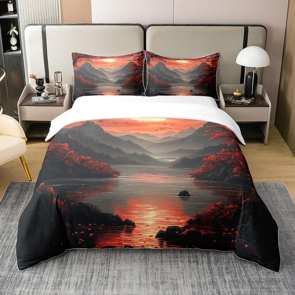 Japanese Landscape Duvet Cover Set For Teens Adults Queen Quilt Covers Lightweight Down 2 Pillowcases 1 Duvet Cover No Comforter