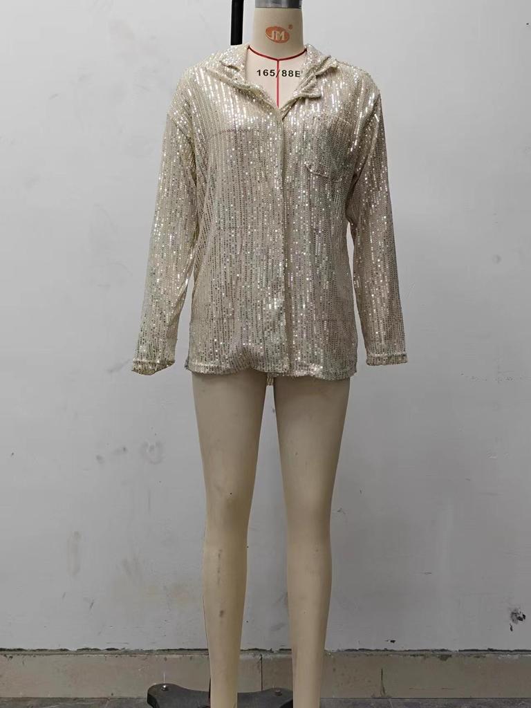2025 Autumn European and American Women's Sequin Long-Sleeve Lapel Casual Shirt