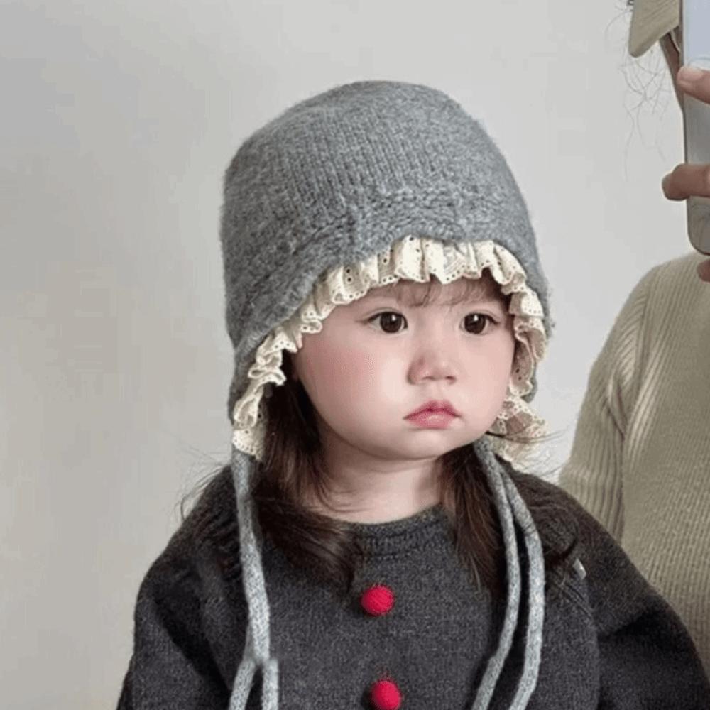 Windproof Kids Warm Hat Soft Knitted Lace Cap Sweetness Warmer Beanie Cap  Girls