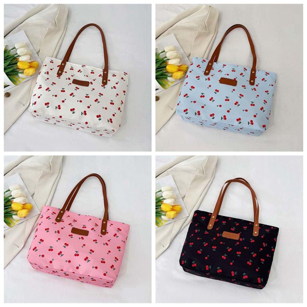 Korean Style Cherry Printed Tote Bag Large Capacity Lightweight Patterned Canvas Handbag Solid Color Trendy Women Shoulder Bag