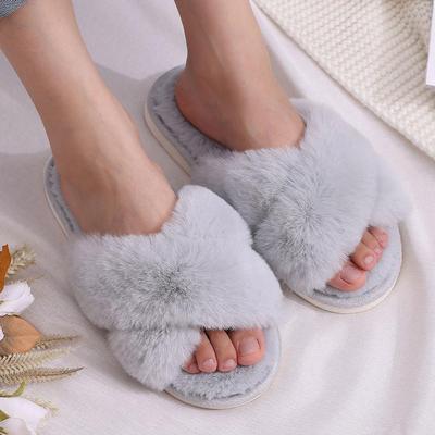Mode Kidmi Damen Flauschige Fellige Schlafzimmer Pantoletten Damen Flache Flauschige Hausschuhe Indoor Kreuzband Plüsch Hausschuhe Rutschfest Weiche Hausschuhe