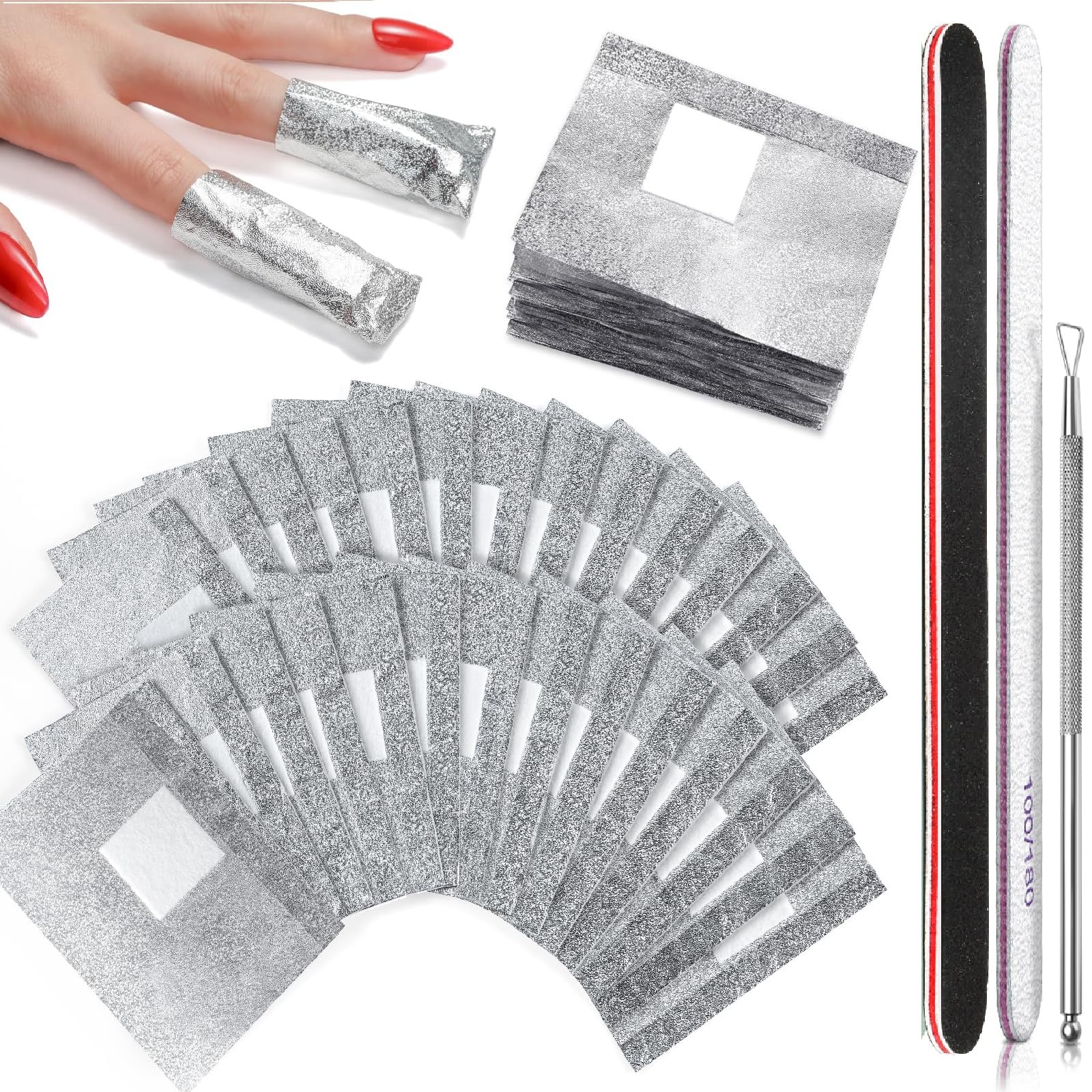 Gel nail removal foil with cotton aluminum 2 gel nail cuticle gel nail remover nail and cuticle pusher (100 pieces) pads, foil, files, pusher,