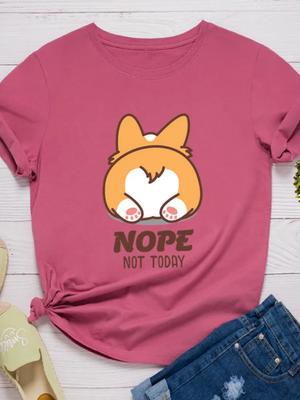 Nein Heute Nicht Niedlicher Corgi Hund Print Damen T-Shirt Kurzarm O-Ausschnitt Locker Damen T-Shirt Damen T-Shirt Oberteile Camisetas Mujer