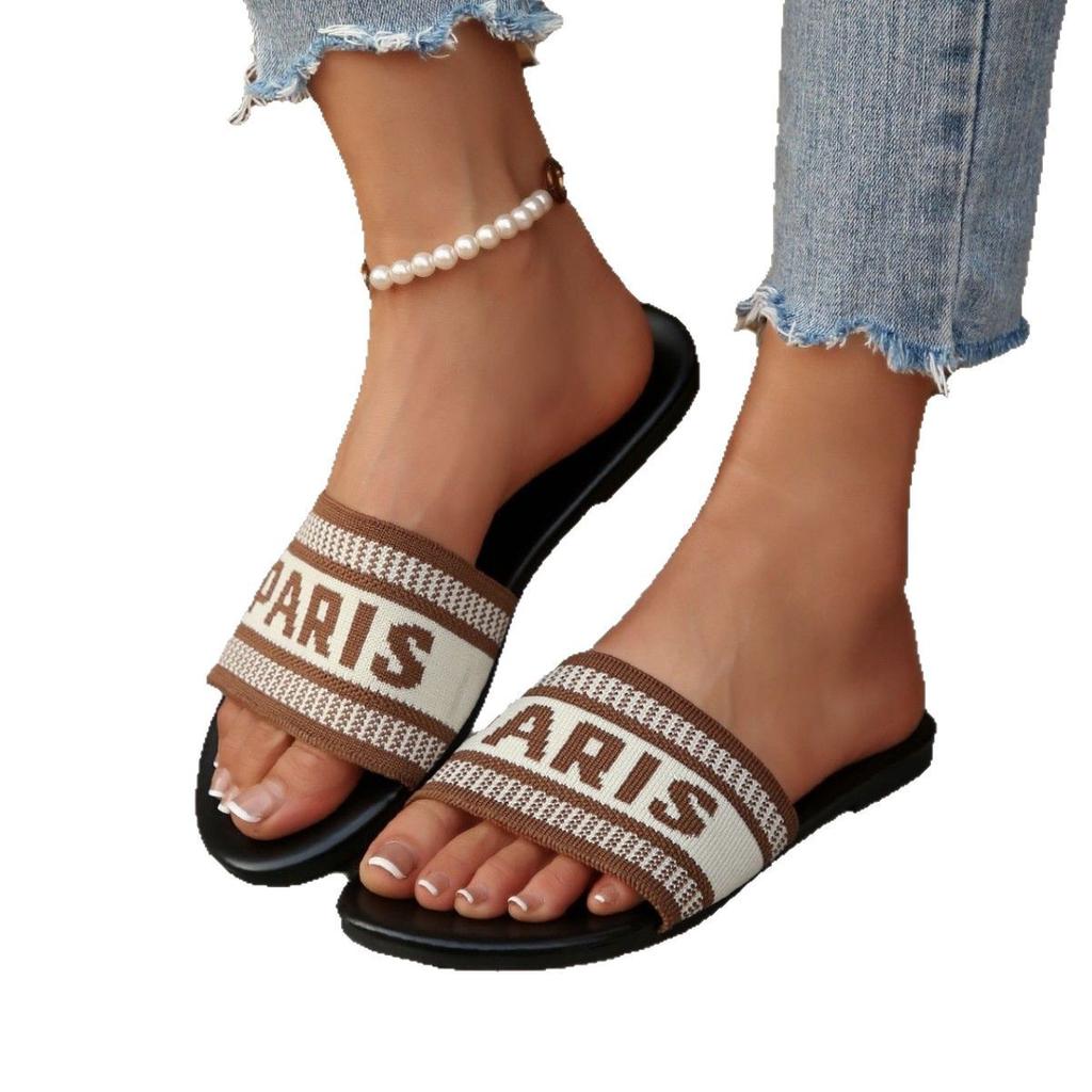 European and American sandals women summer wear new fashion embroidery letter embroidery home big leisure flat bottom one-word slippers foreign trade