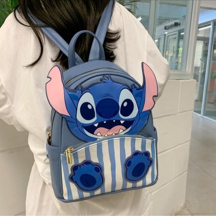 Lilo Stitch Blue Monster Printed Pu School Bag With Inner Card Pocket For Teens