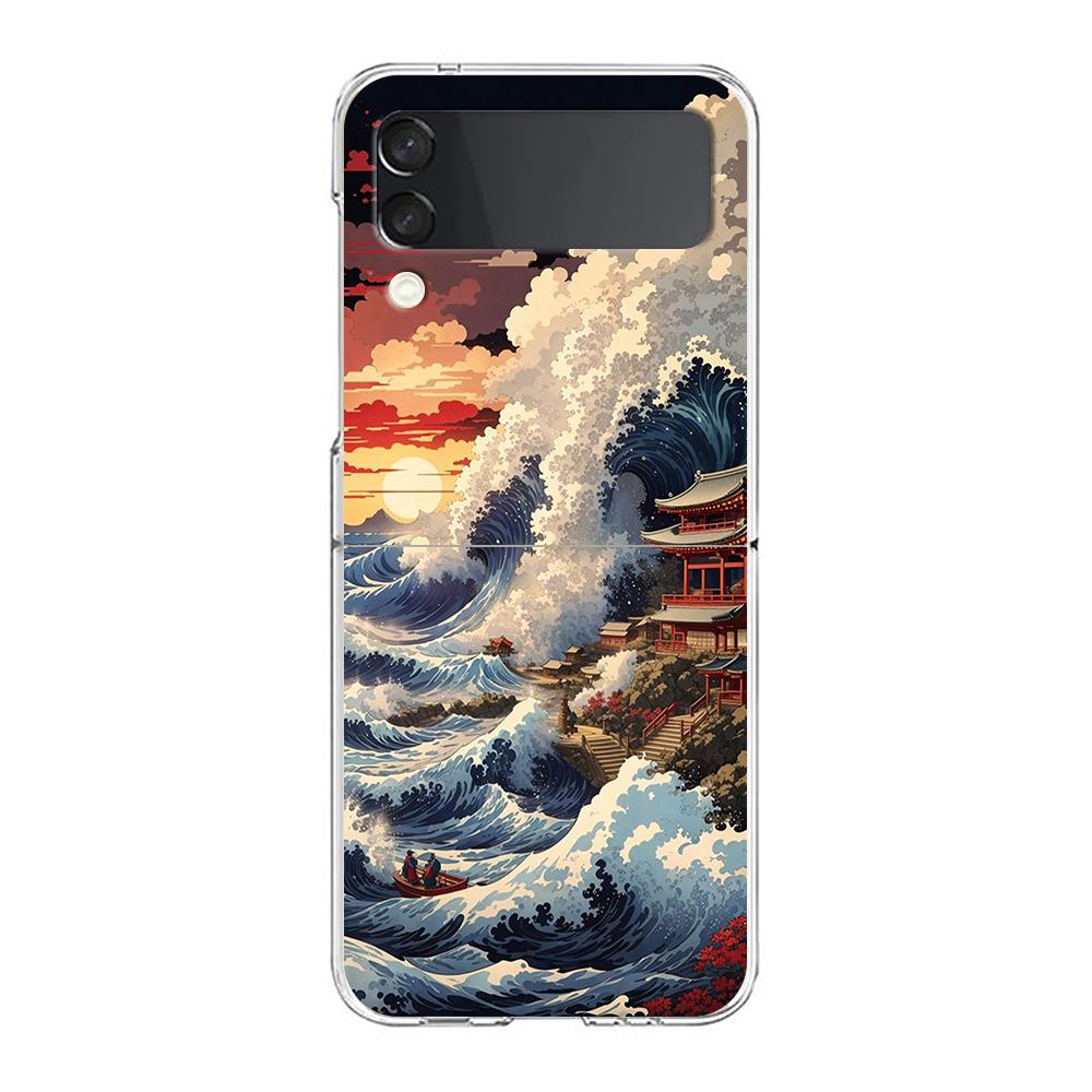 Phone Case For Samsung Z Flip 3 4 5 Fold Hard PC Shell For Galaxy Z Flip 3 5 Clear Cover Japan The Great Wave Of Kanagawa