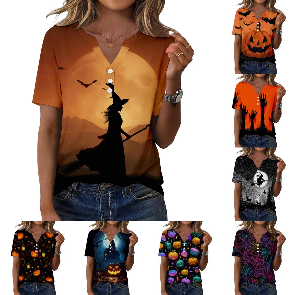 Women Casual Halloween Print V Neck Short Sleeve Button Decor T Shirt Top Lightweight Comfortable Fashionable Design