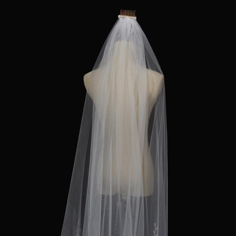 Wedding Veil with Comb Delicate Leaves Embroideries One Layer Long Drop Illusion Tulle Cathedral Length Chapel Veils