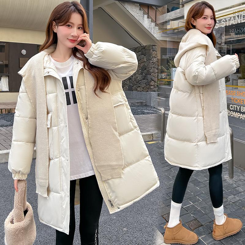Down cotton jacket women's winter mid-length padded jacket loose knitted shawl thickened cotton jacket 2025 new coat