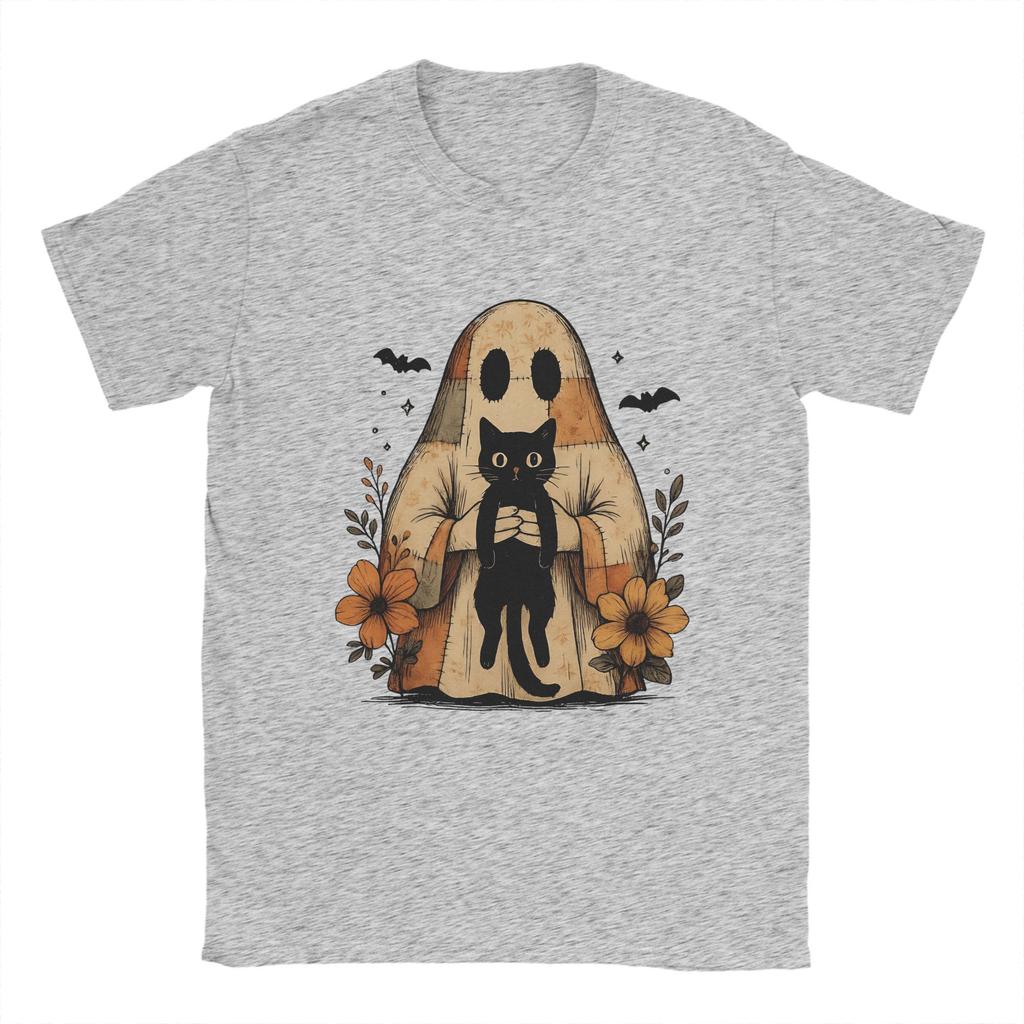 Ghost Cat Meme T Shirt Summer Halloween Ghost Holding Black Cat Cotton T-Shirts For Men's Tee Shirt Short-Sleeve Top Tees