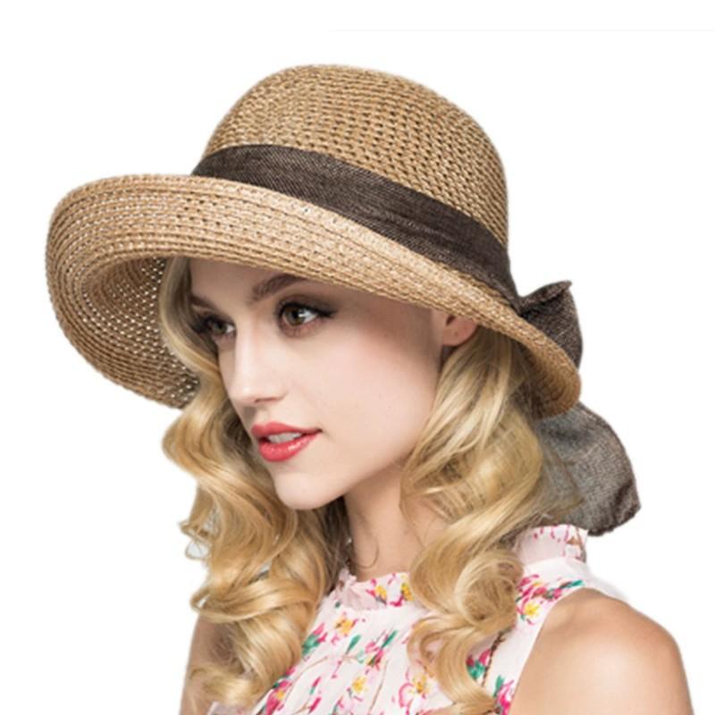Summer Women's Straw Hat Rolled Edge Bow Breathable Sunscreen Large Eaves Hundred Sun Hat Shading Sun Beach Seaside Foldable