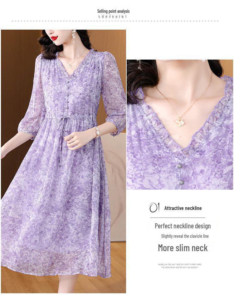 Elegant French V-Neck Floral Dress - Three-Quarter Sleeves, Unique Waist Design for Spring & Summer