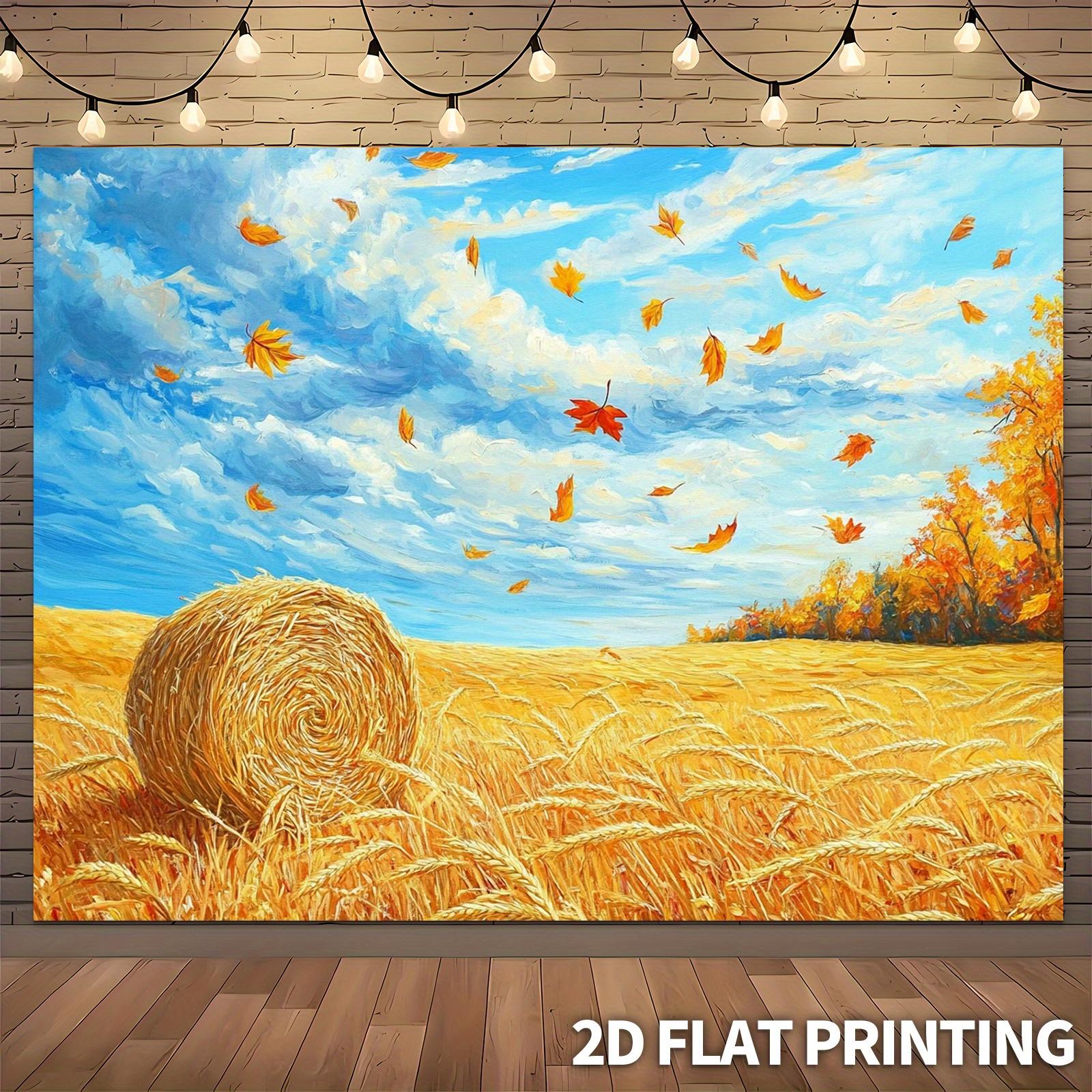 A large farmhouse background cloth - autumn harvest wheat fields and haystacks, golden-brown straw and falling maple leaves 130x150cm