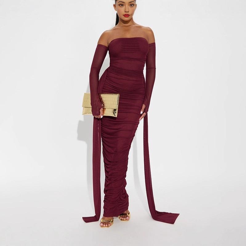 J25DS416 Elegantes einärmeliges plissiertes Netz-Langarmkleid für Damen