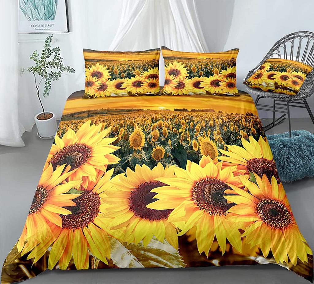 Yelow Flower Soft with Soft Fabric Duvet Cover Set Sunflower Bedclothes Sunflower Fields With Sunset Printed Botanical Flowers Beding Set