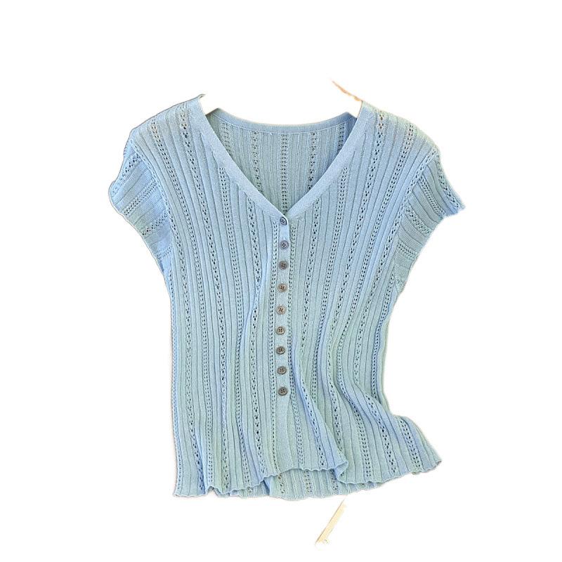 Women's Hollow Ice Silk Knitted Cardigan Summer French Temperament Short Knitted Top