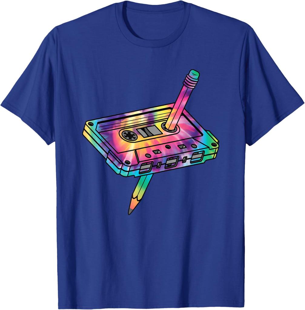 Retro Cassette Tape Tie Dye Graphic Tee 80s 90s Music Lover Casual Cotton T-Shirt