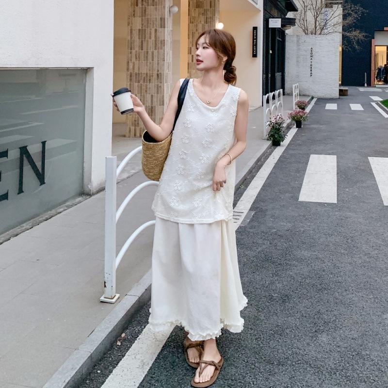 

Кружевная вышивка два жилета без рукавов юбка женское лето новое тонкое темпераментное платье XL