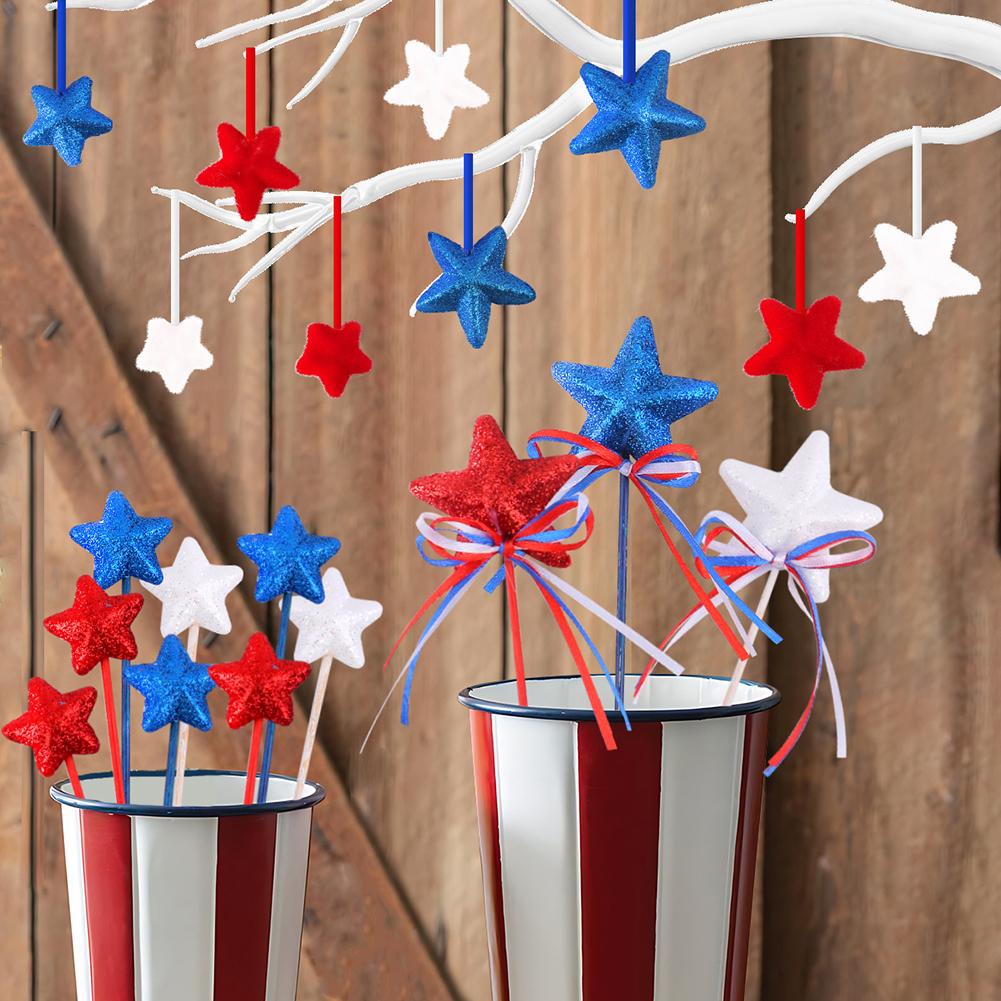 6/9/18PCS Glitter Star Picks Foam Sparkly Sticks Memorial Day Star Hanging Ornaments Independence Day Party Favors