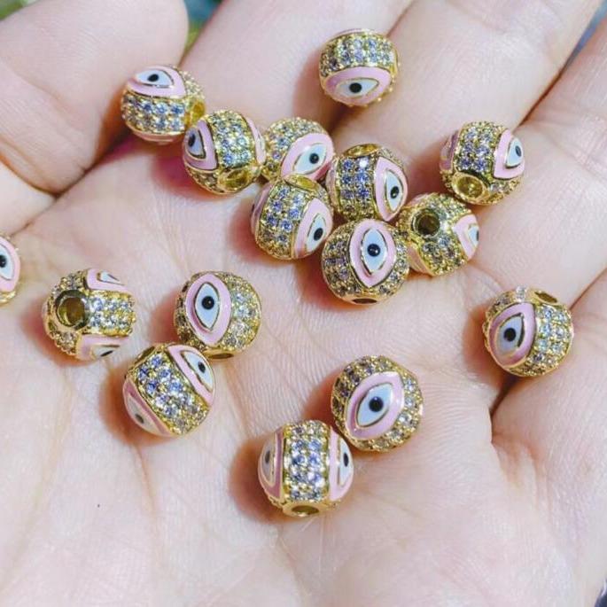 10mm Micro-Paved Round Evil Eye Beads, 14K Gold-Filled Copper with Zircon Epoxy