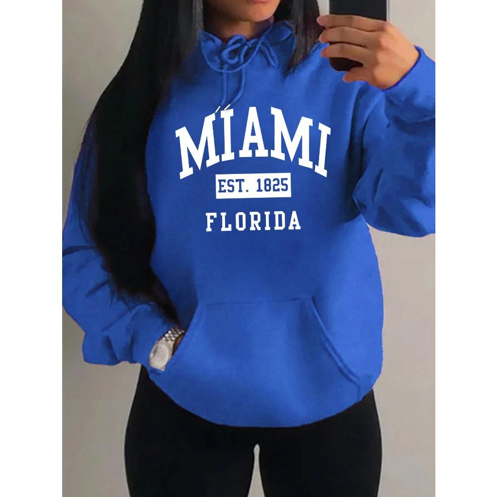 Miami Est 1825 City Art Letter Prints Women Hoodie Pocket Streetwear Harajuku Loose Hoody Fleece Female Clothing
