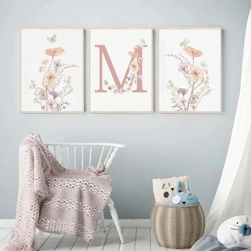 Personalized Name and Wildflower Canvas Painting Nursery Decoration Poster Picture Pink Floral Baby Girl Bedroom Wall Art Prints