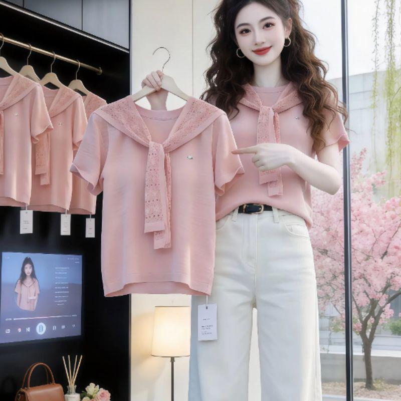 

Gentle Pink Knitted Short-Sleeved T-Shirt for Women, Summer Design with Lace Shawl, Faux Two-Piece, Slimming Plus-Size Top Pink XL